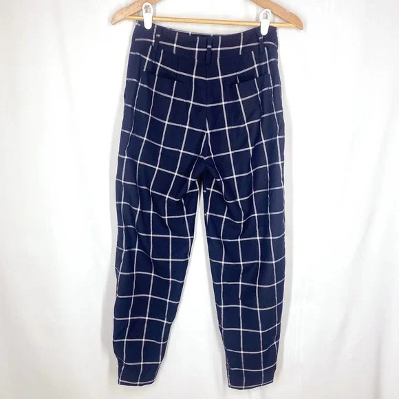 Derek Lam Collective Dress Pants Navy Blue Windowpane Plaid Trouser High Rise 36 Straight Leg
